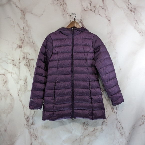 Eddie Bauer Down Puffer Jacket Women Small Parka Coat Hood Long Purple 650 FP - Picture 1 of 11